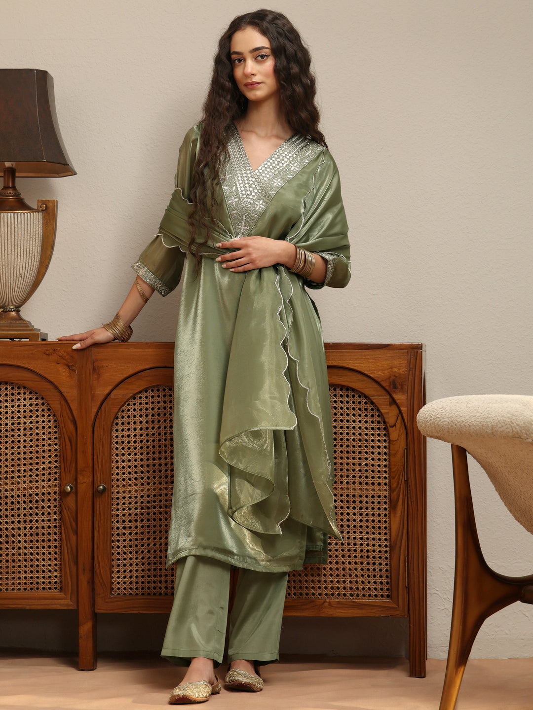 Green Yoke Design Tissue Straight Suit Set