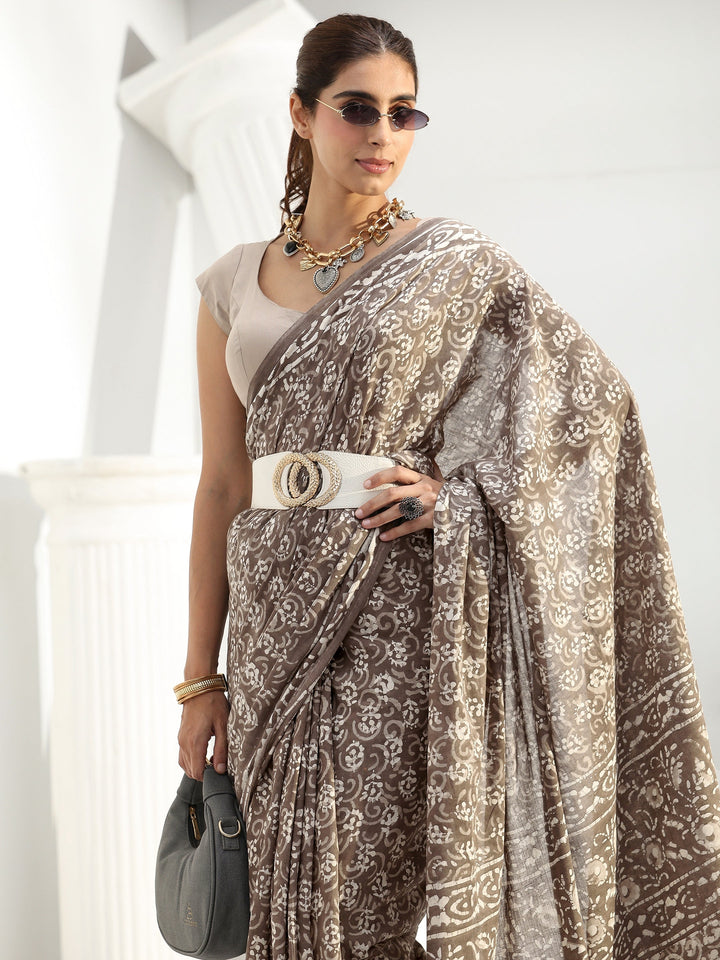 Grey Floral Dabu Print Cotton Saree