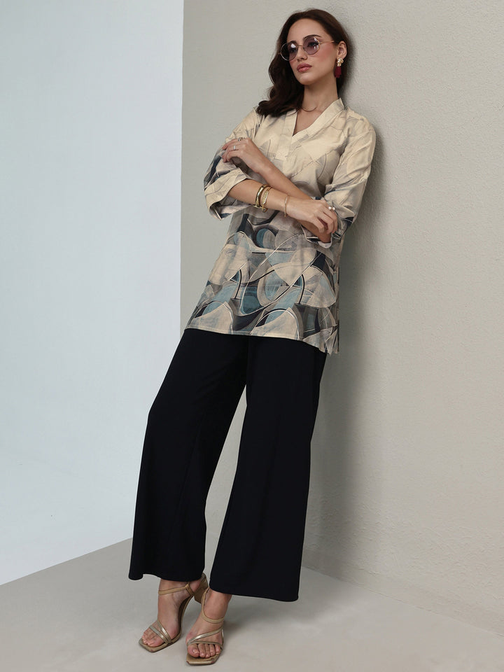 Grey Abstract Printed Muslin Straight Short Kurti