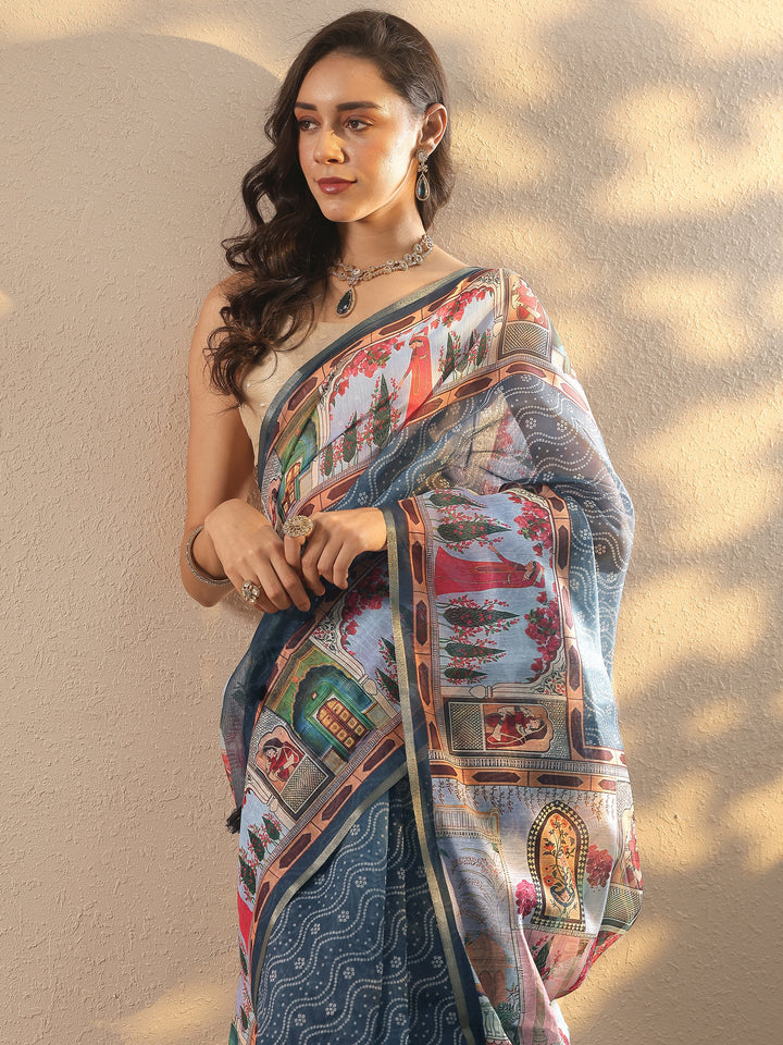 Grey Bandhani Printed Silk Blend Saree With Unstitched Blouse Piece