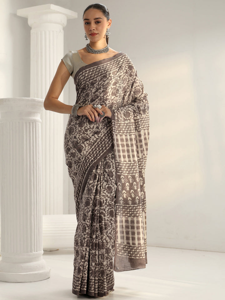 Grey Batik Print Cotton Saree