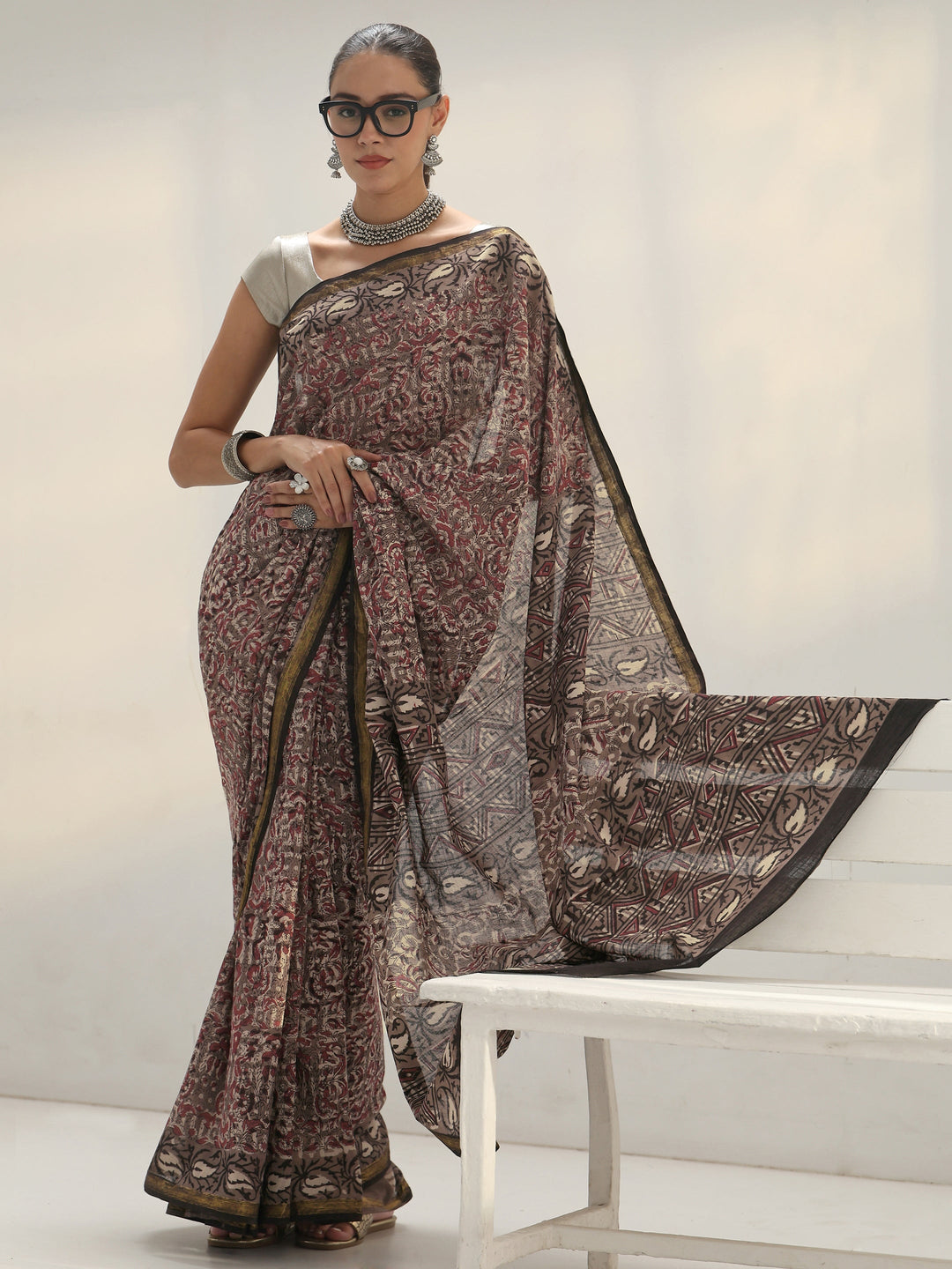 Grey Dabu Print Cotton Saree