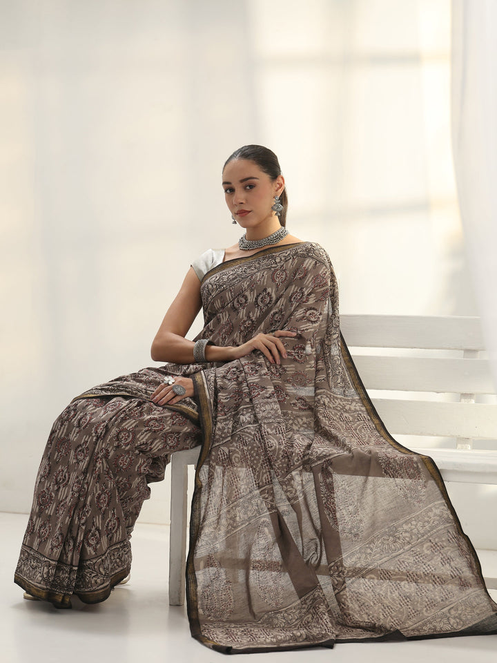 Grey Dabu Print Cotton Saree