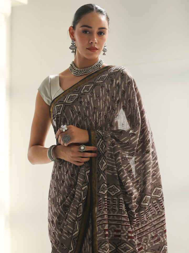 Grey Dabu Print Cotton Saree