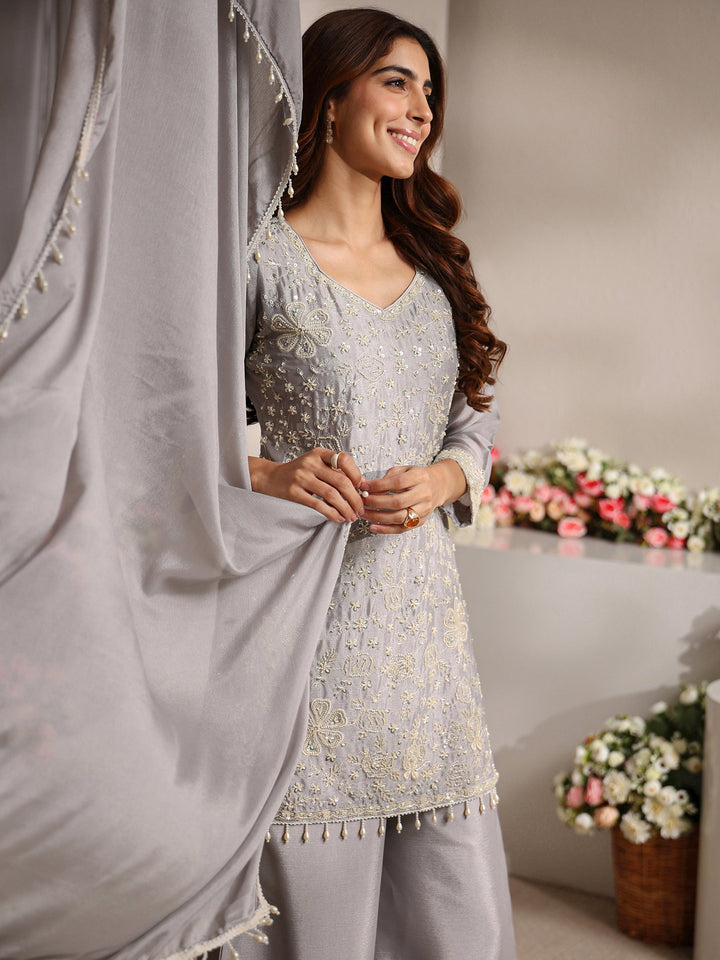 Grey Embellished Chinon Straight Suit Set With Dupatta