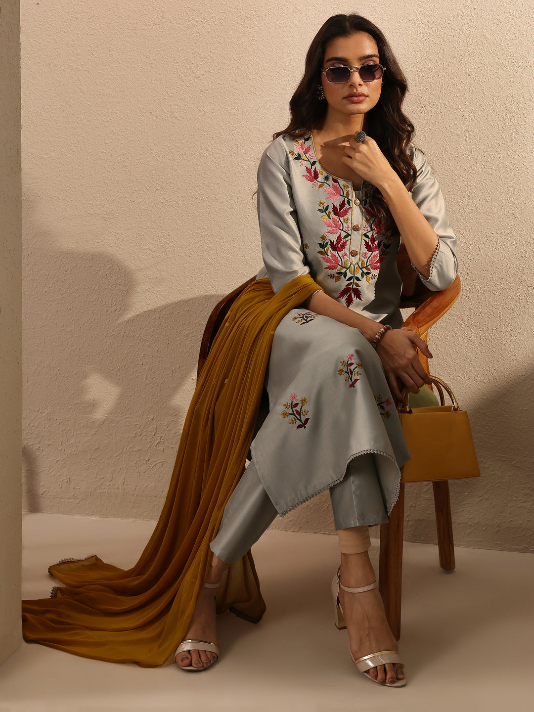 Grey Embroidered Silk Blend Straight Suit Set With Dupatta