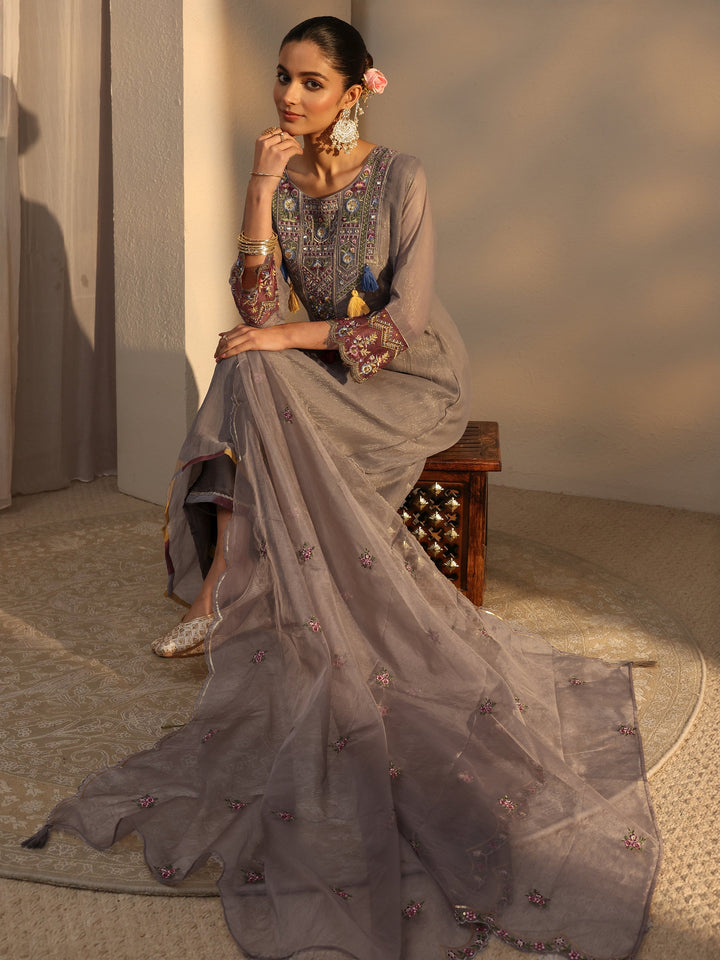 Grey Ethnic Embroidered Organza A-Line Suits Set With Dupatta