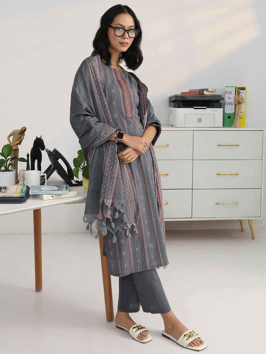 Grey Ethnic Motif Woven Design Cotton Blend Straight Suit Set With Dupatta