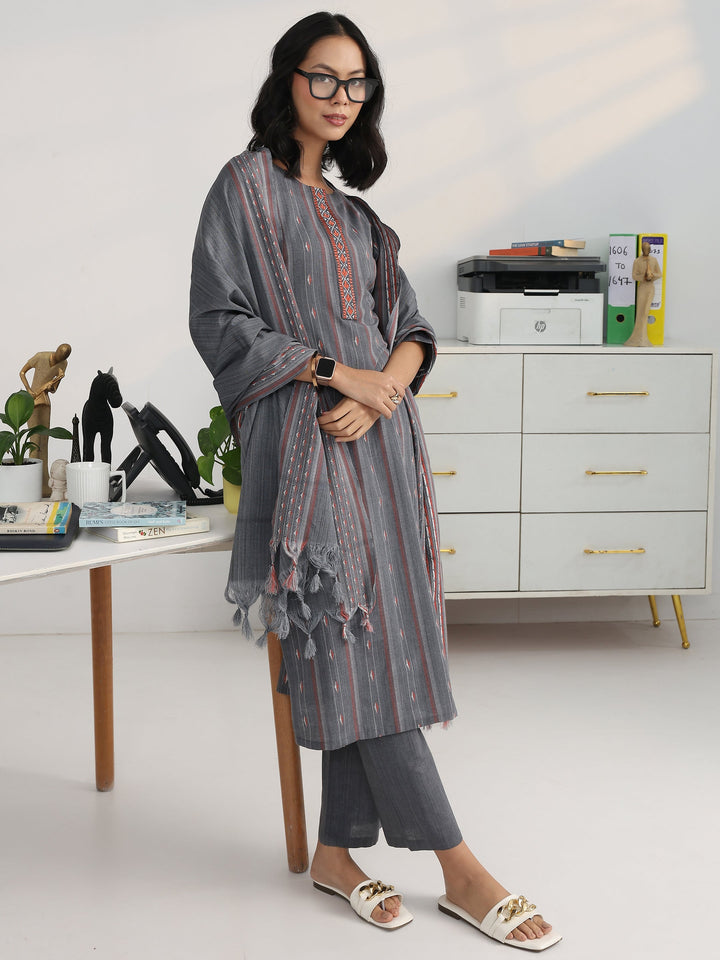 Grey Ethnic Motif Woven Design Cotton Blend Straight Suit Set With Dupatta