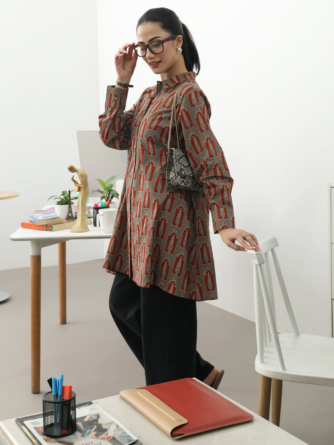 Grey Ethnic Motifs Printed Cotton Shirt