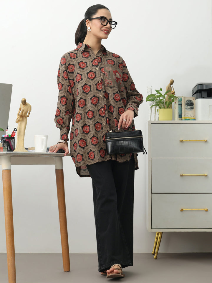 Grey Ethnic Motifs Printed Cotton Shirt
