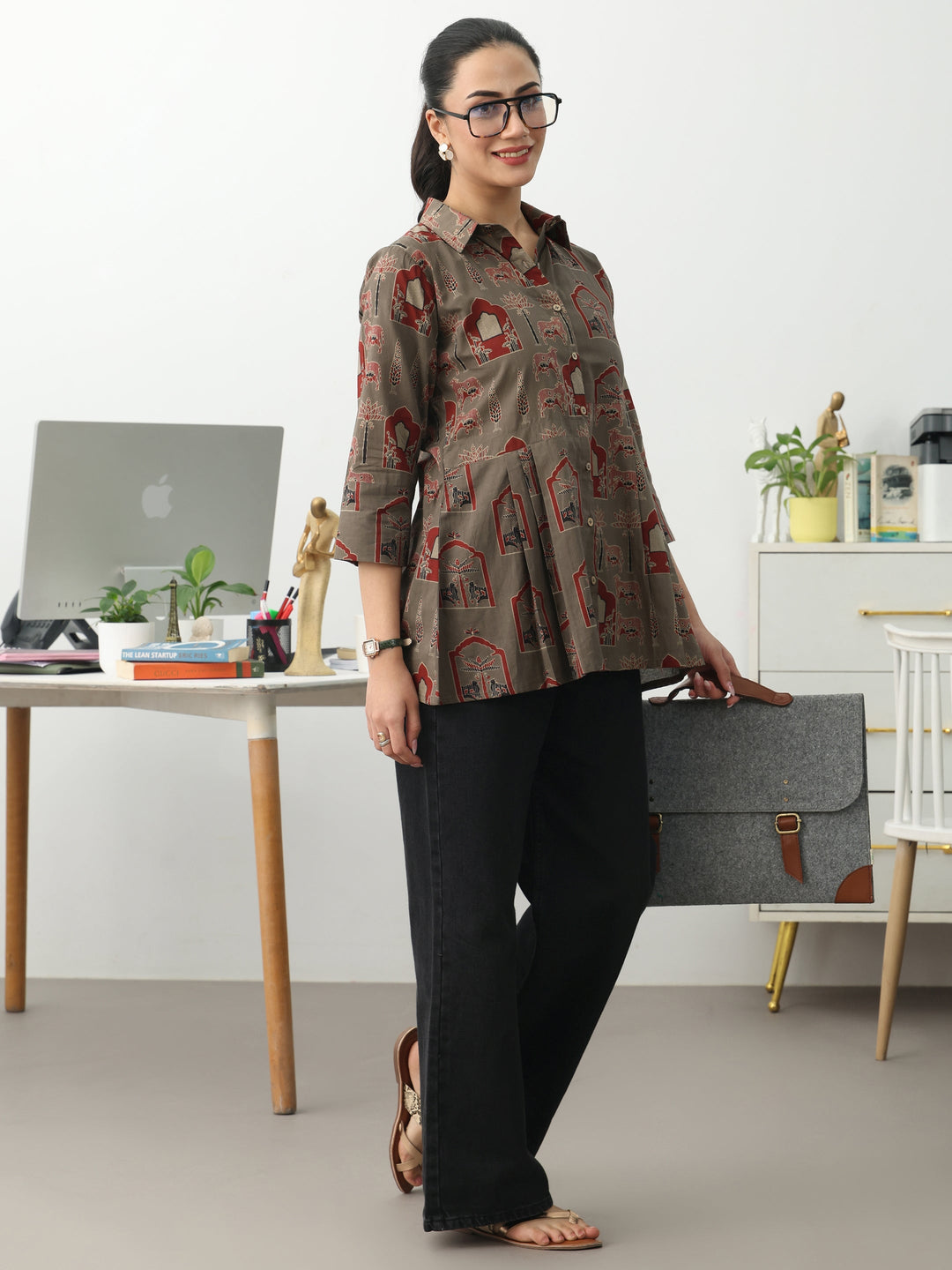 Grey Ethnic Motifs Printed Cotton Shirt