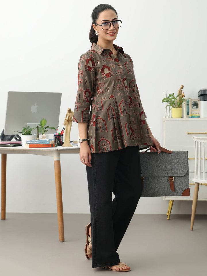 Grey Ethnic Motifs Printed Cotton Shirt