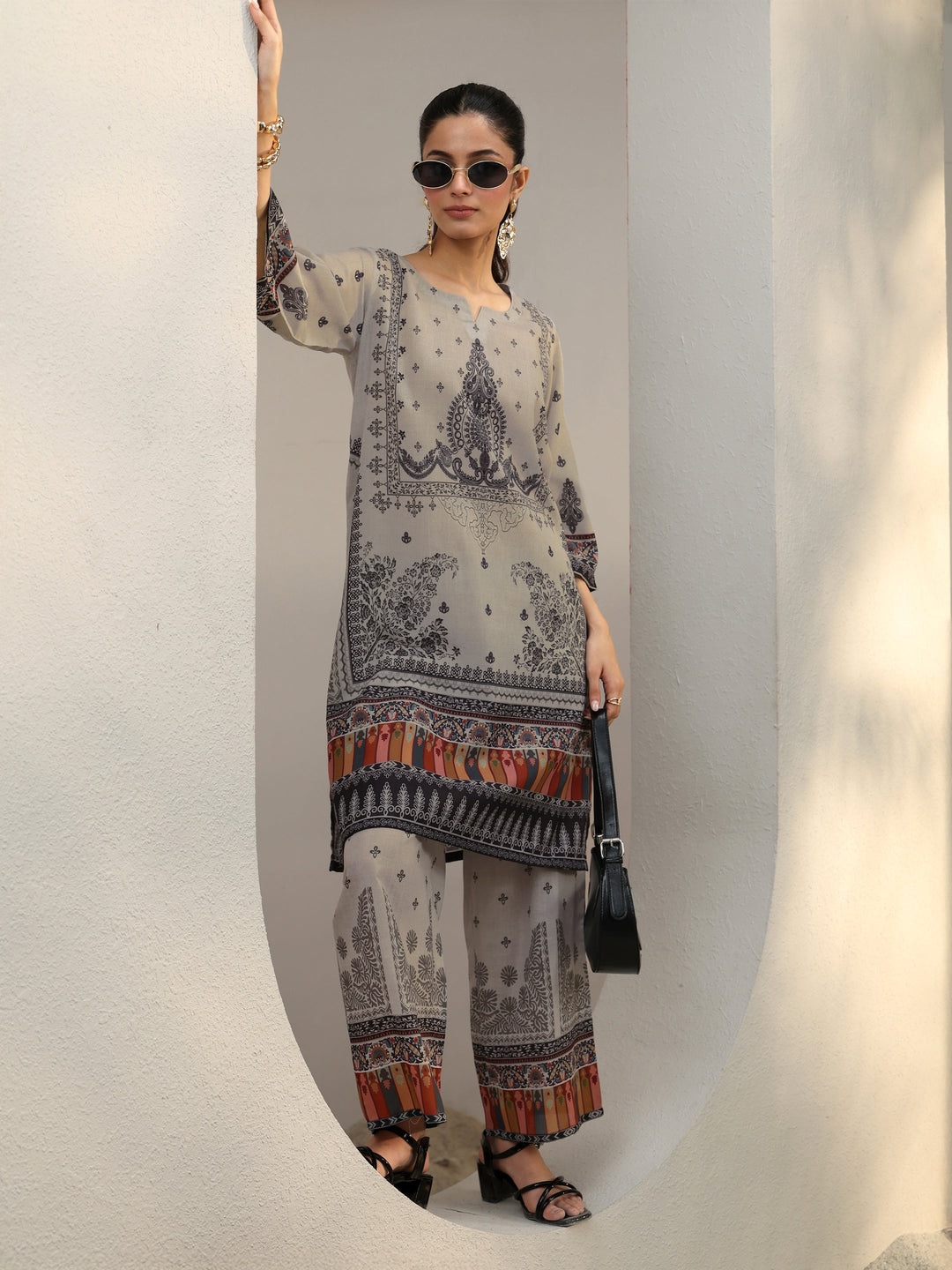 Grey Ethnic Printed Cotton Blend Co-Ord Set