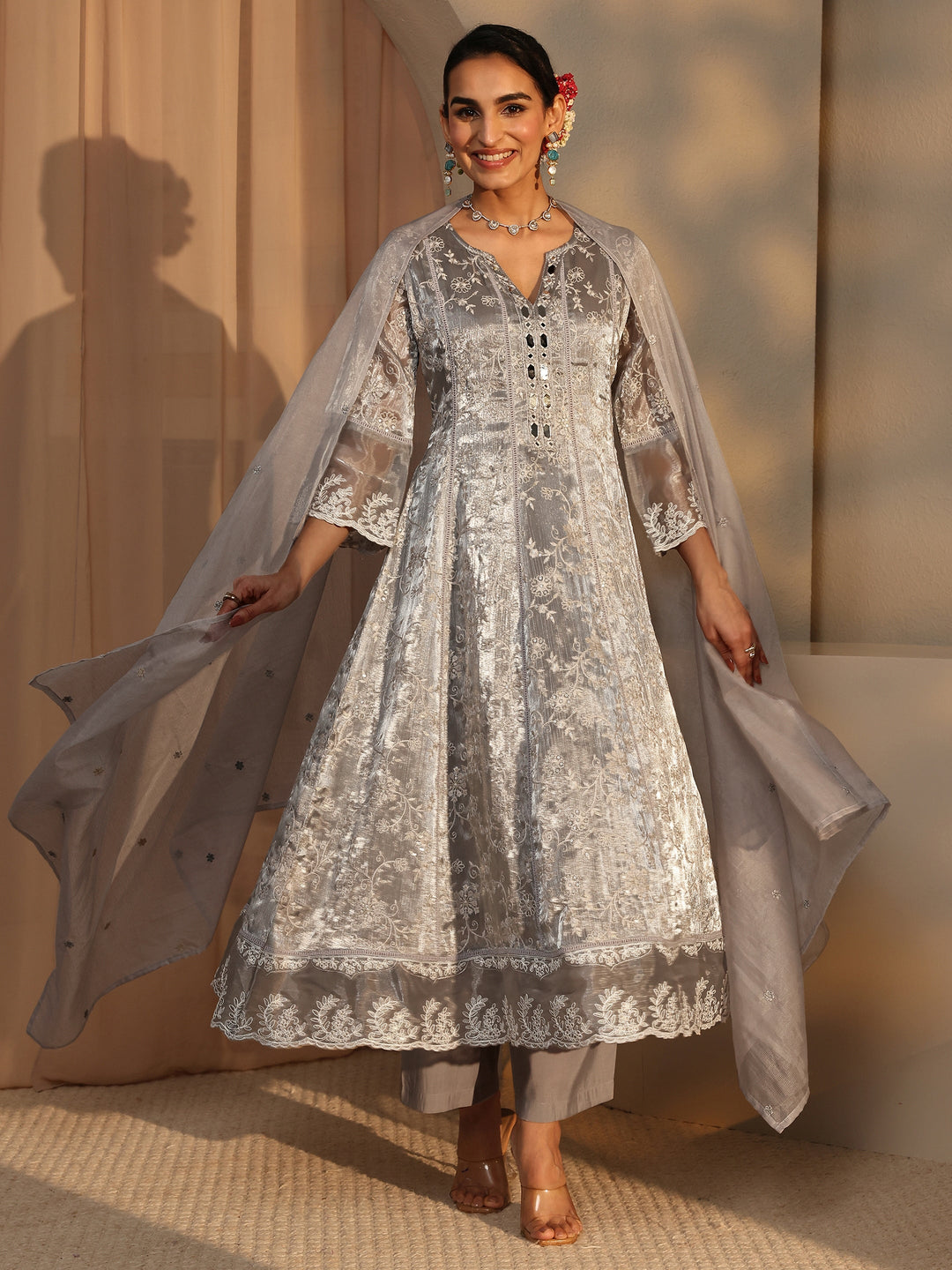 Grey Floral Embroidered Organza Anarkali Suit Set With Dupatta