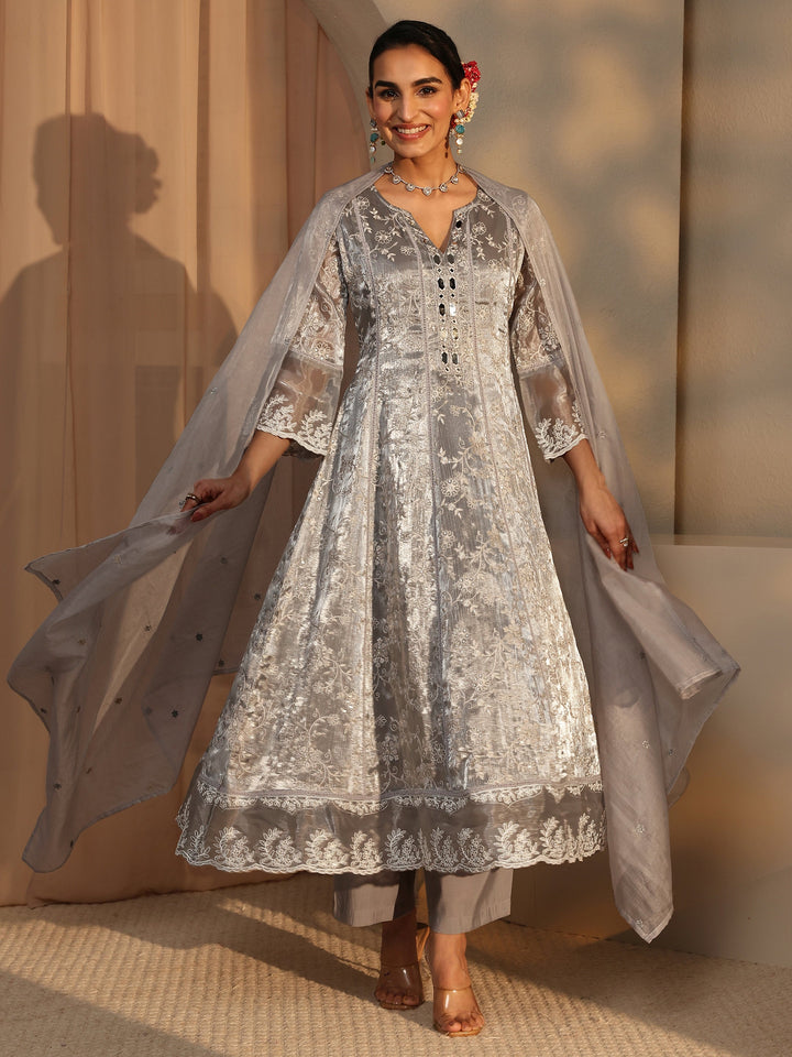 Grey Floral Embroidered Organza Anarkali Suit Set With Dupatta