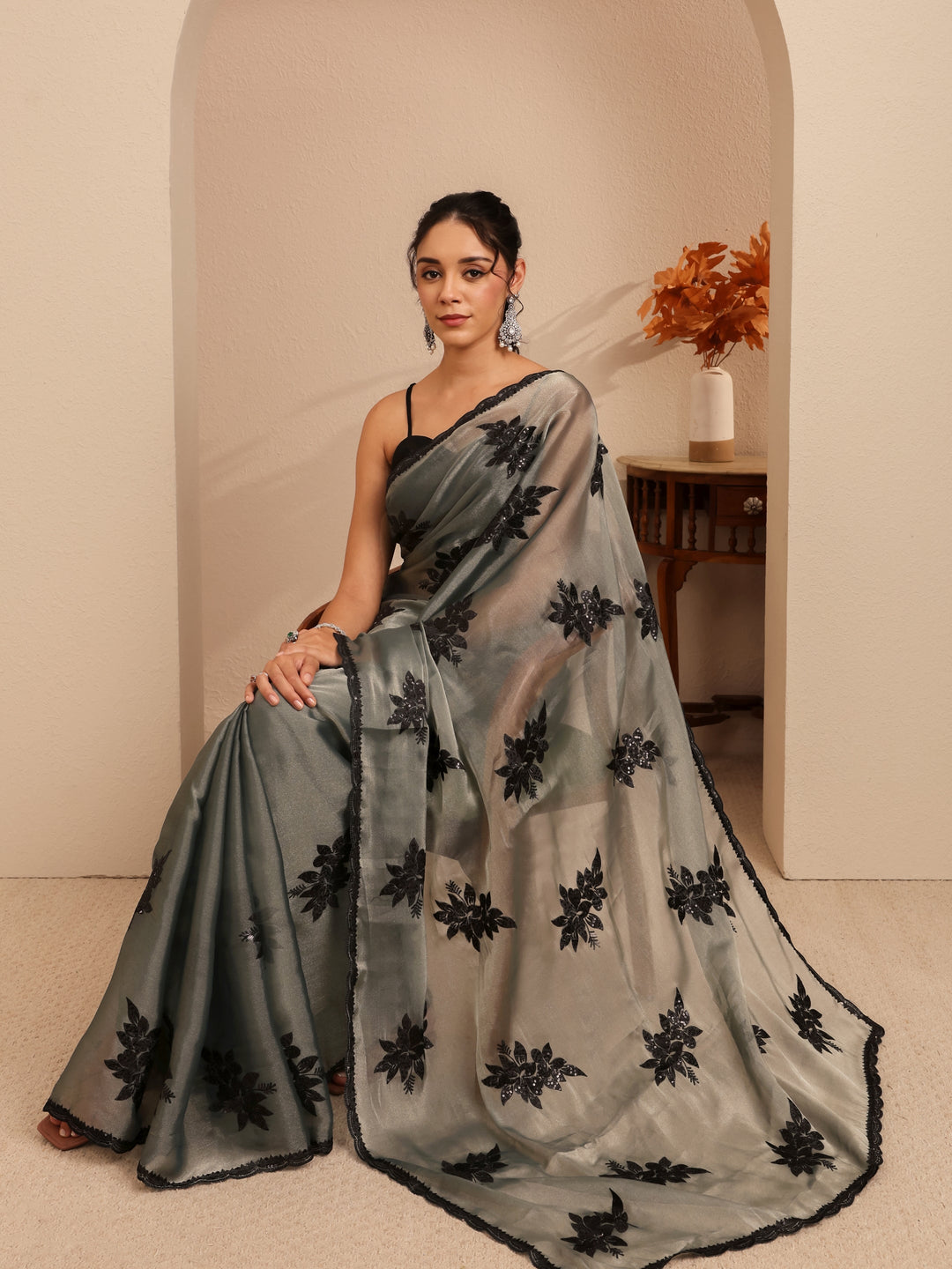 Grey Floral Embroidered Organza Saree