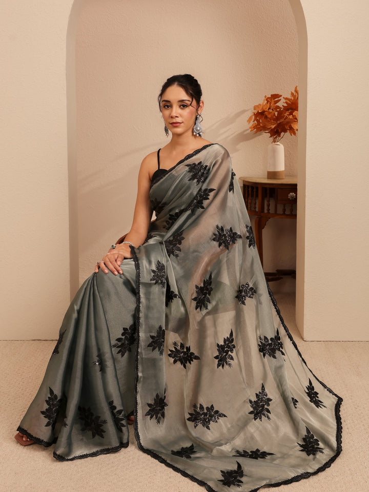 Libas Grey Floral Embroidered Organza Saree