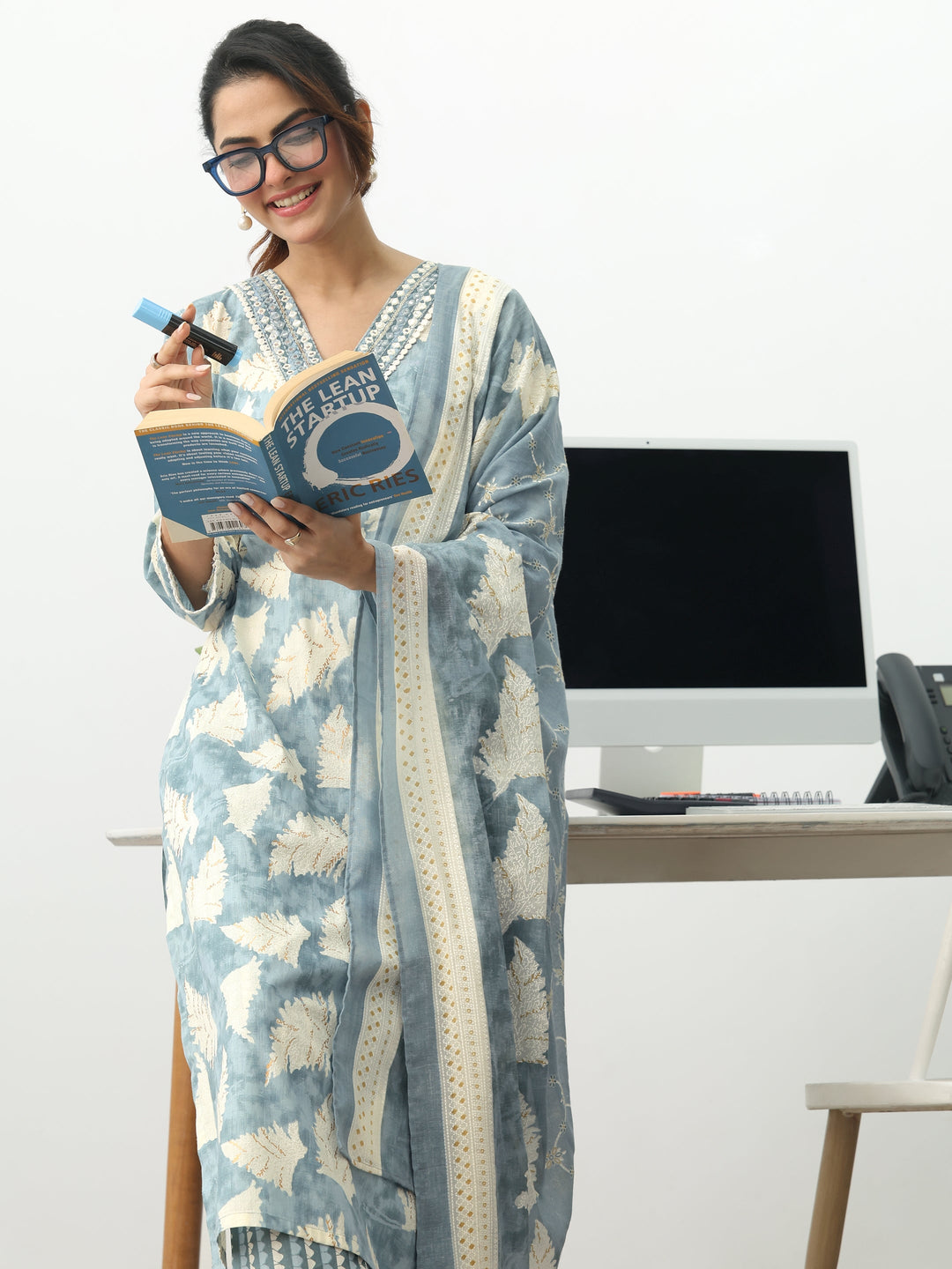 Grey Floral Printed Cotton Blend Straight Suit Set With Dupatta
