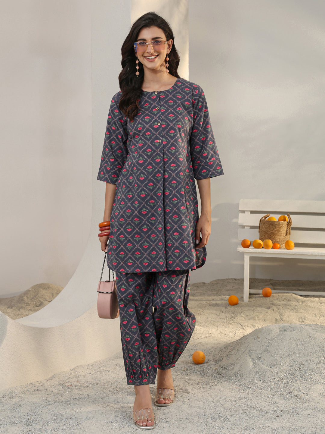 Grey Floral Printed Cotton Co-Ord Set