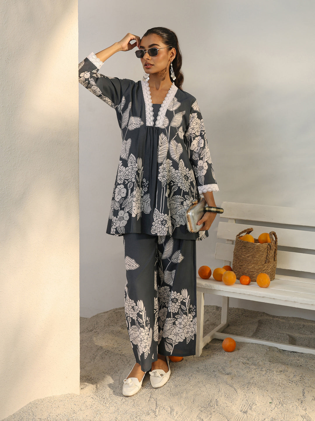 Grey Floral Printed Cotton Co-Ord Set