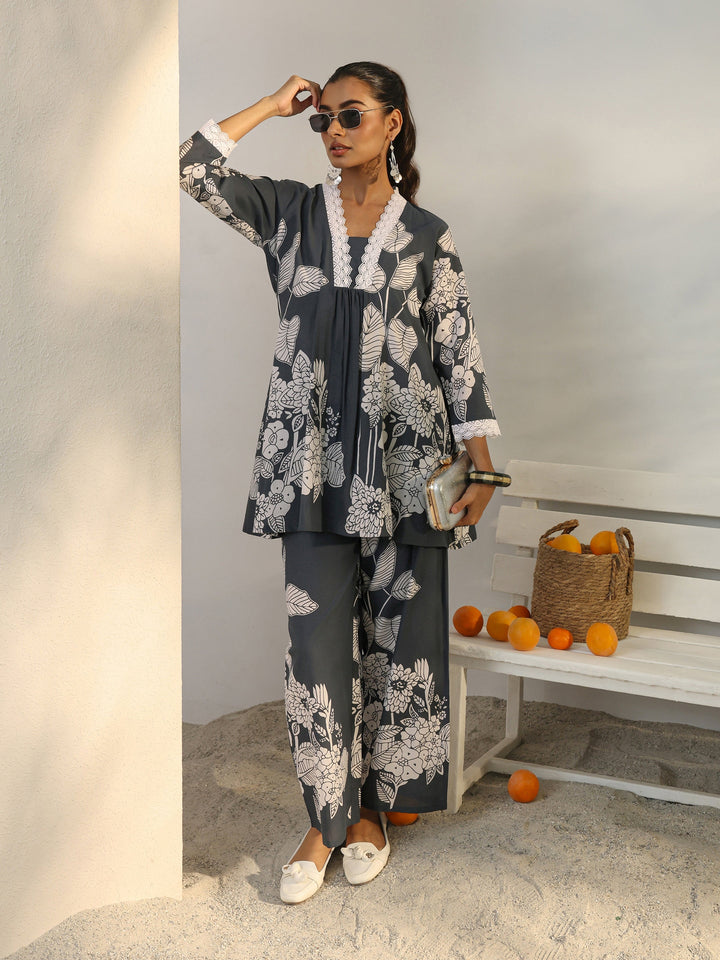 Grey Floral Printed Cotton Co-Ord Set