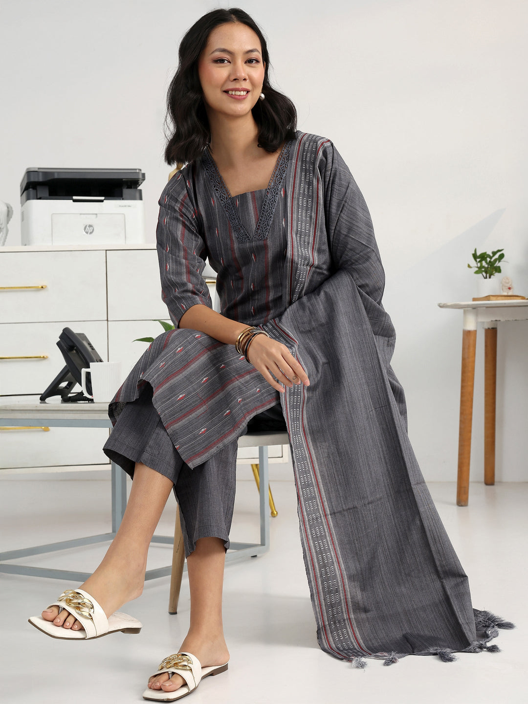 Grey Geometric Woven Design Cotton Blend Straight Suit Set With Dupatta