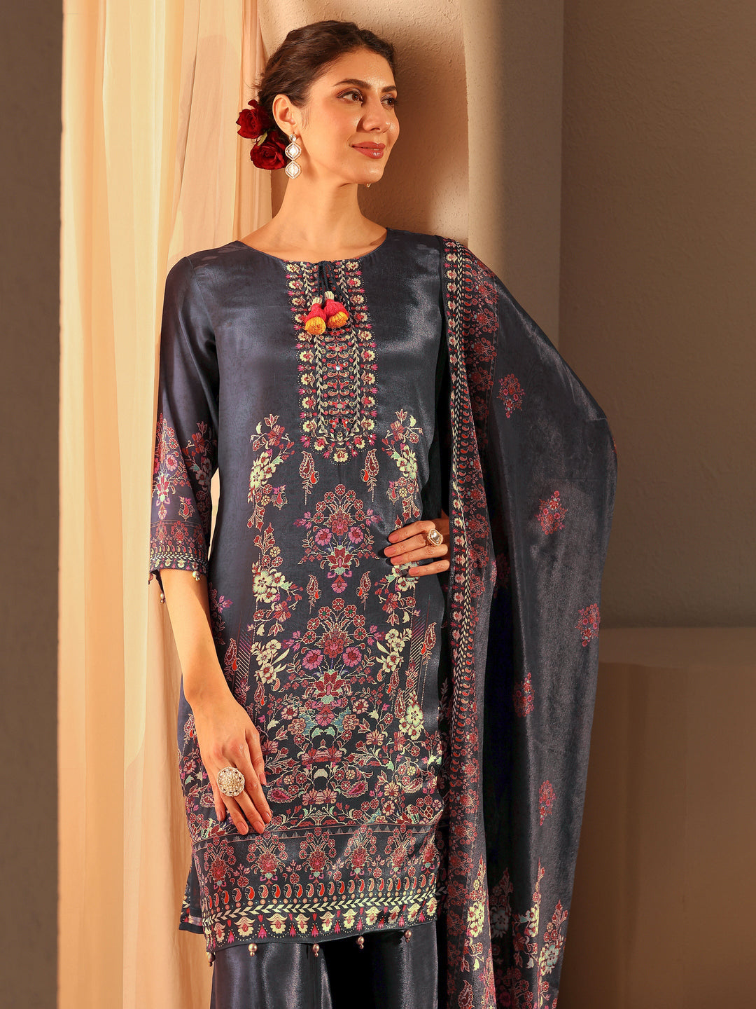 Grey Printed Chinon Straight Suit Set With Dupatta