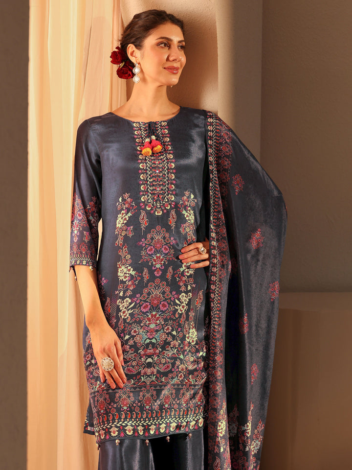 Grey Printed Chinon Straight Suit Set With Dupatta