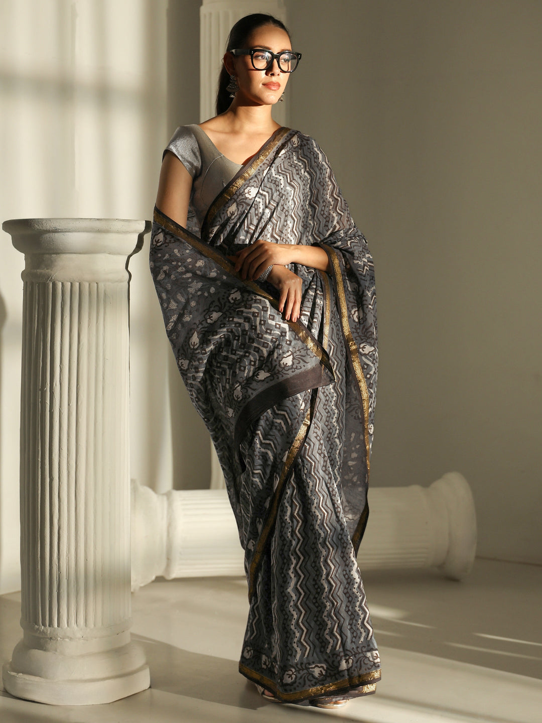 Grey Chevron Printed Cotton Saree