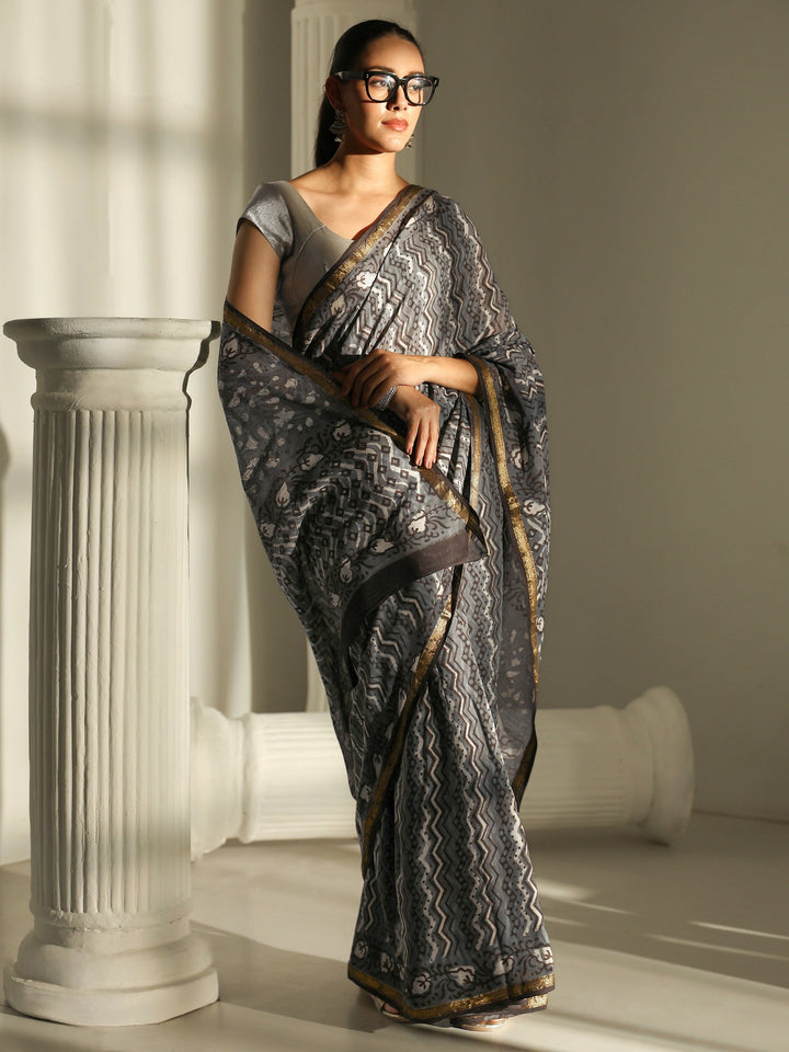 Grey Chevron Printed Cotton Saree