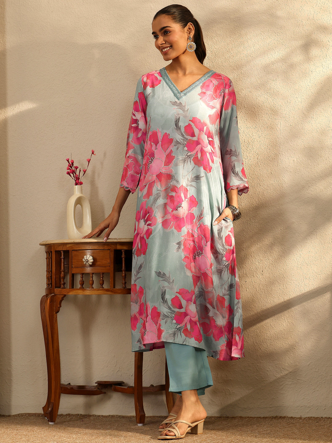Grey Printed Muslin A-Line Kurta Set