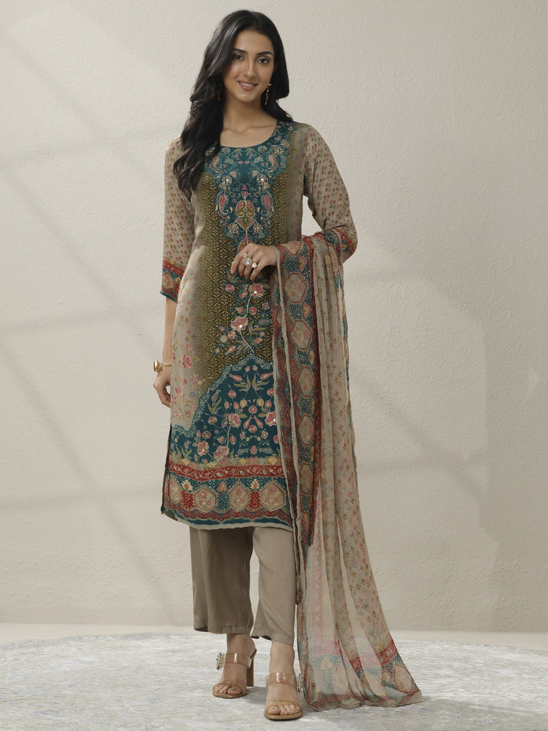 Grey Printed Muslin Straight Suit Set With Dupatta