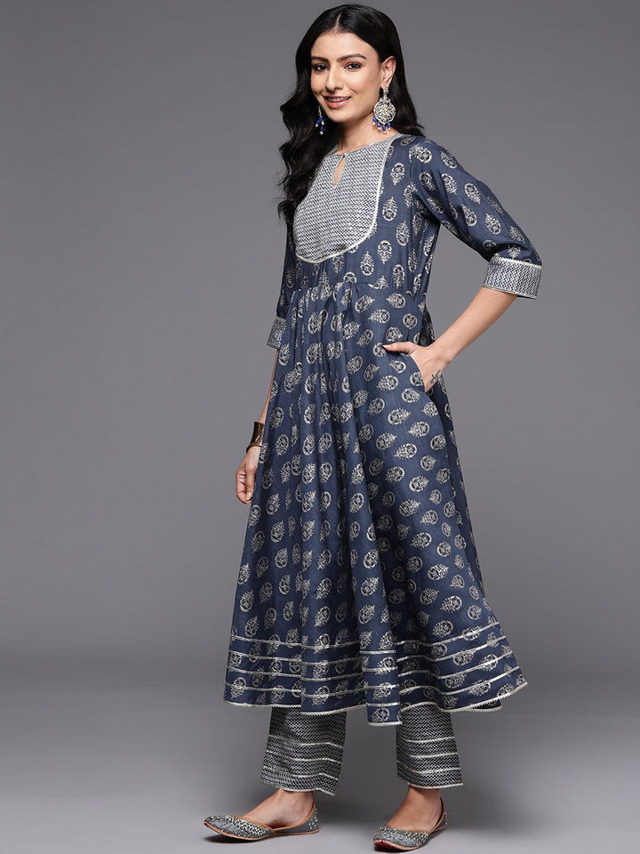 Grey Printed Silk Blend Anarkali Kurta With Palazzos & Dupatta - ShopLibas