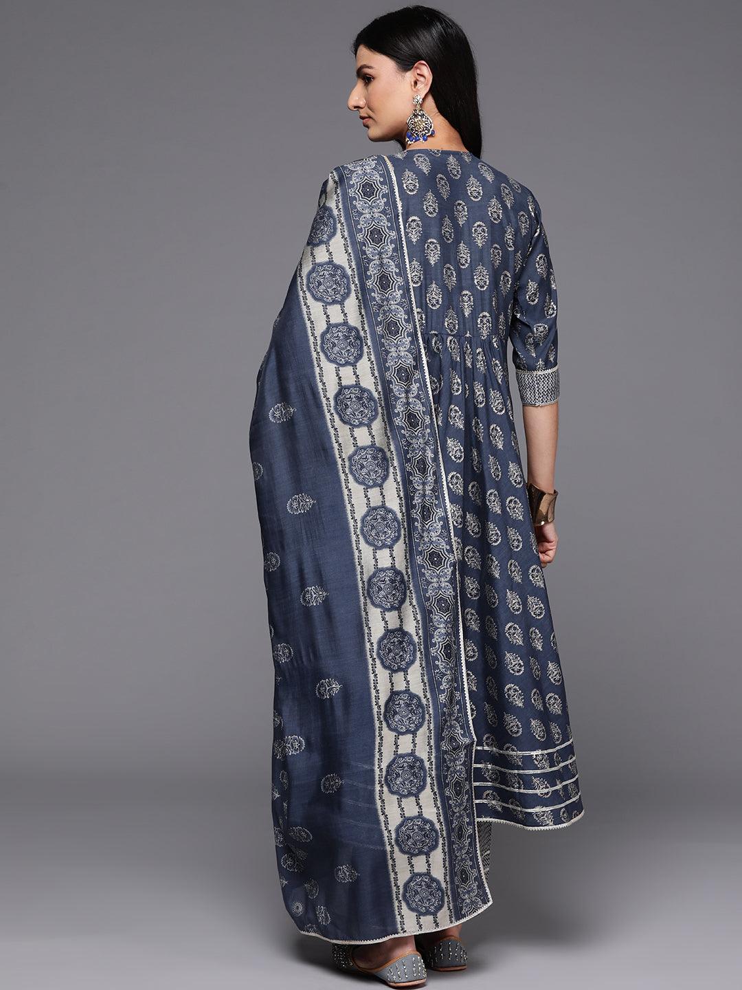 Grey Printed Silk Blend Anarkali Kurta With Palazzos & Dupatta - ShopLibas