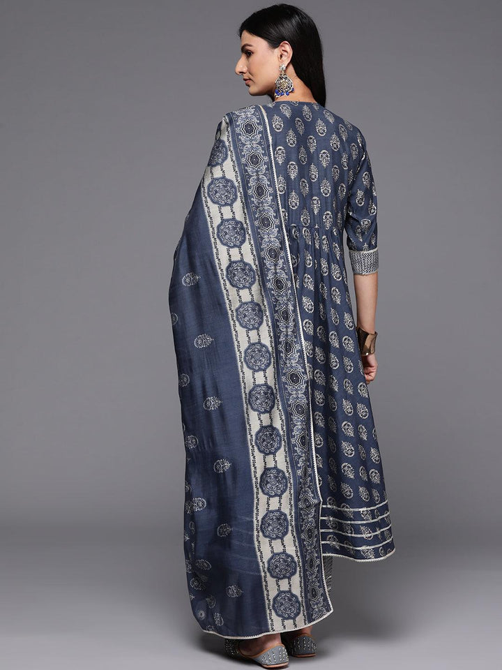 Grey Printed Silk Blend Anarkali Kurta With Palazzos & Dupatta - ShopLibas