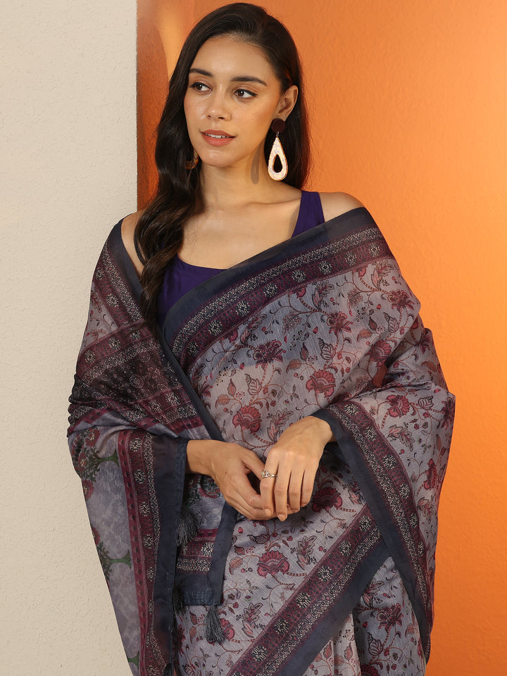 Grey Printed Silk Blend Saree With Unstitched Blouse Piece
