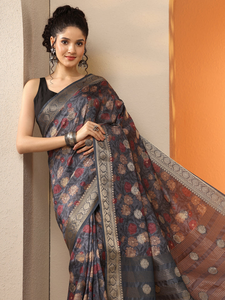 Grey Printed Silk Blend Saree With Unstitched Blouse Piece