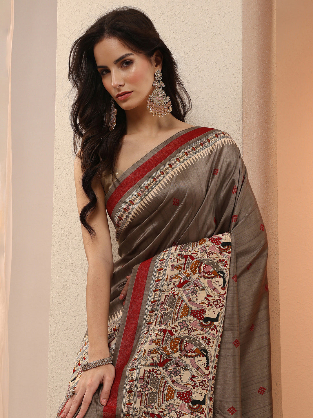 Grey Printed Silk Blend Saree With Unstitched Blouse Piece