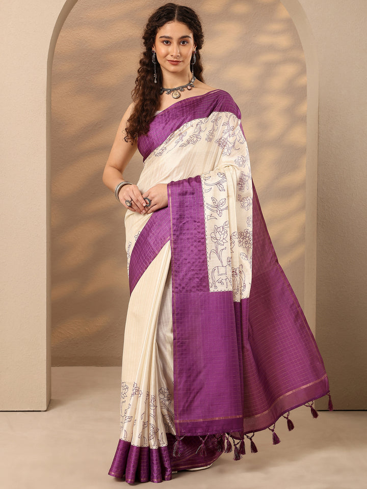 Grey Printed Silk Blend Saree With Unstitched Blouse Piece