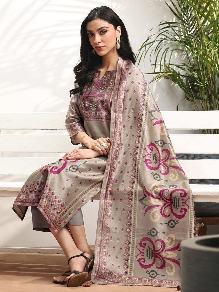Grey Printed Silk blend Straight Suit Set With Dupatta