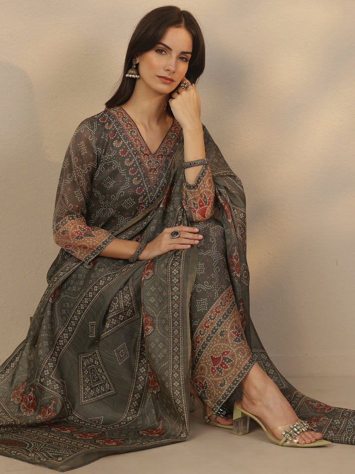 Grey Printed Silk Blend Straight Suit Set With Dupatta