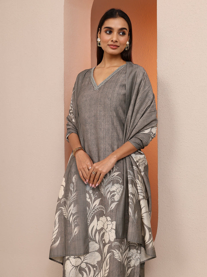 Grey Printed Silk blend Straight Suit Set With Dupatta