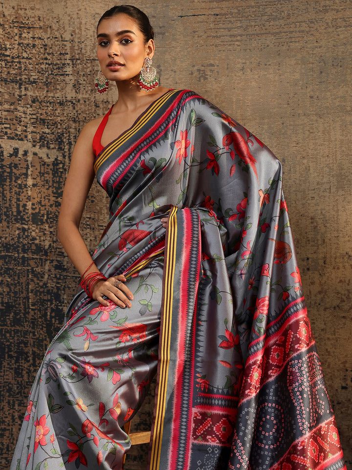 Grey Printed Silk Saree With Unstitched Blouse Piece