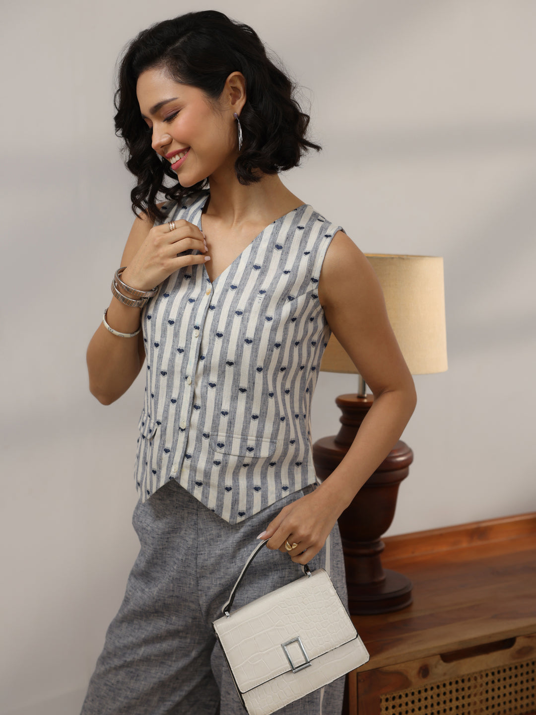 Grey Striped Printed Co-Ord Set