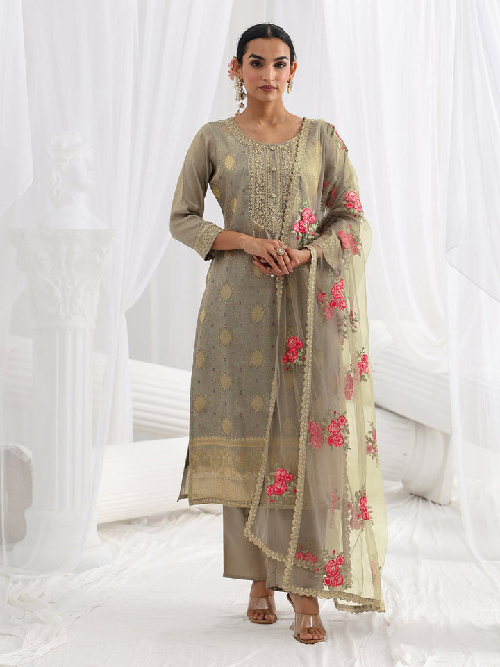 Grey Woven Design Silk Blend Straight Suit Set With Dupatta