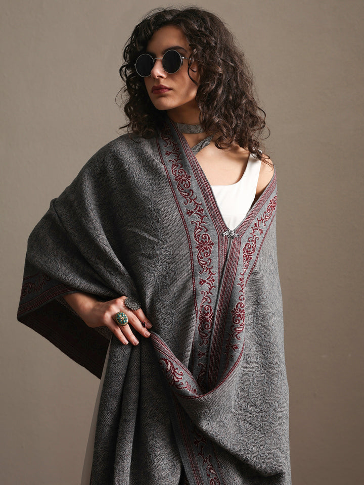 Grey Woven Design Wool Women's Shawl