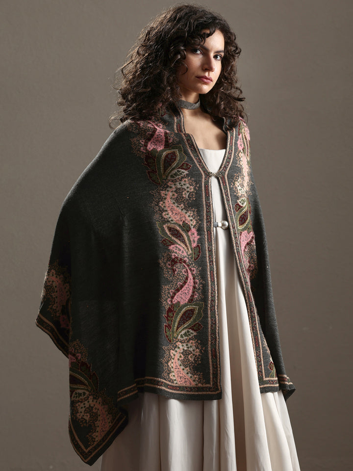 Grey Woven Design Wool Women's Shawl