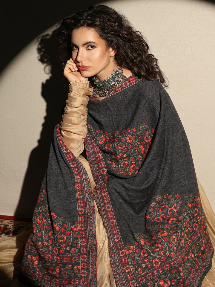Grey Woven Design Wool Women's Shawl
