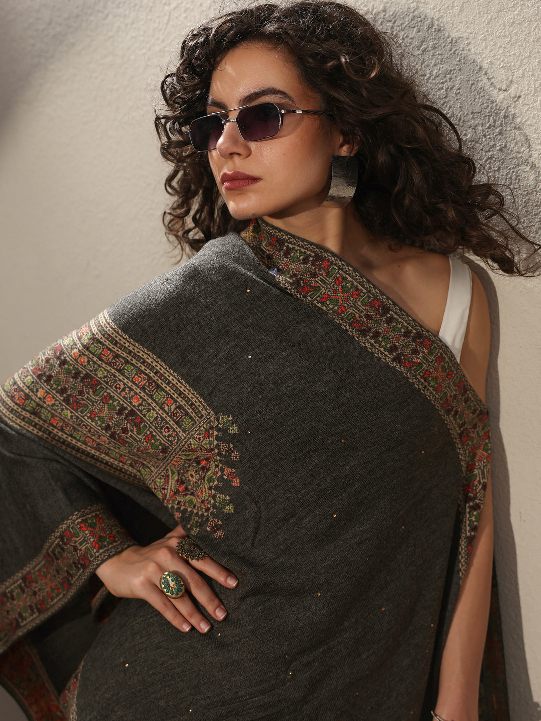 Grey Woven Design Wool Women's Shawl